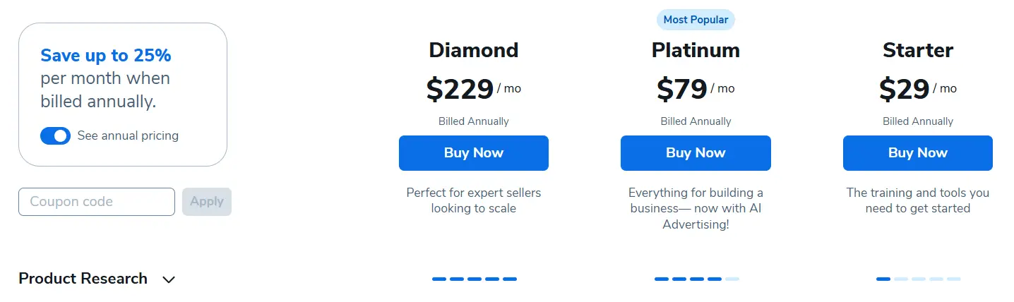 Screenshot: Helium 10 Pricing Page