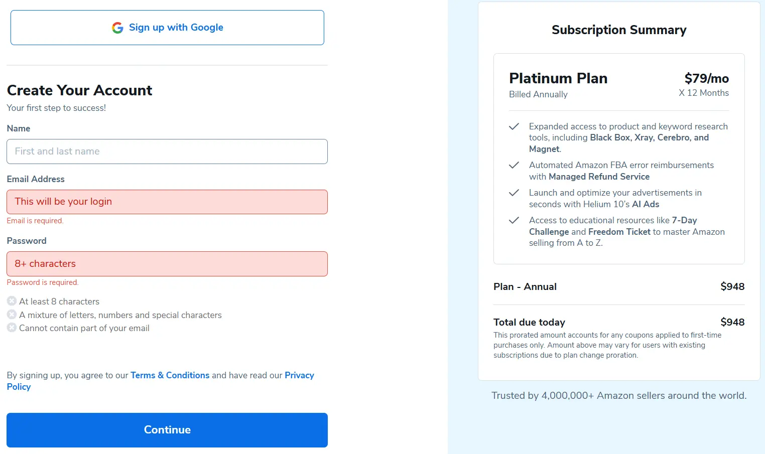 Screenshot: Helium 10 sign up